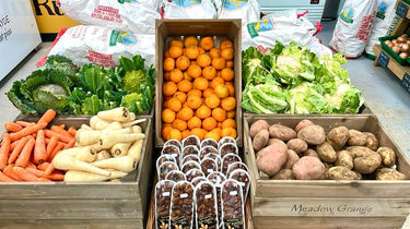 Assorted fresh produce including carrots, oranges, lettuce, and potatoes displayed on a table.